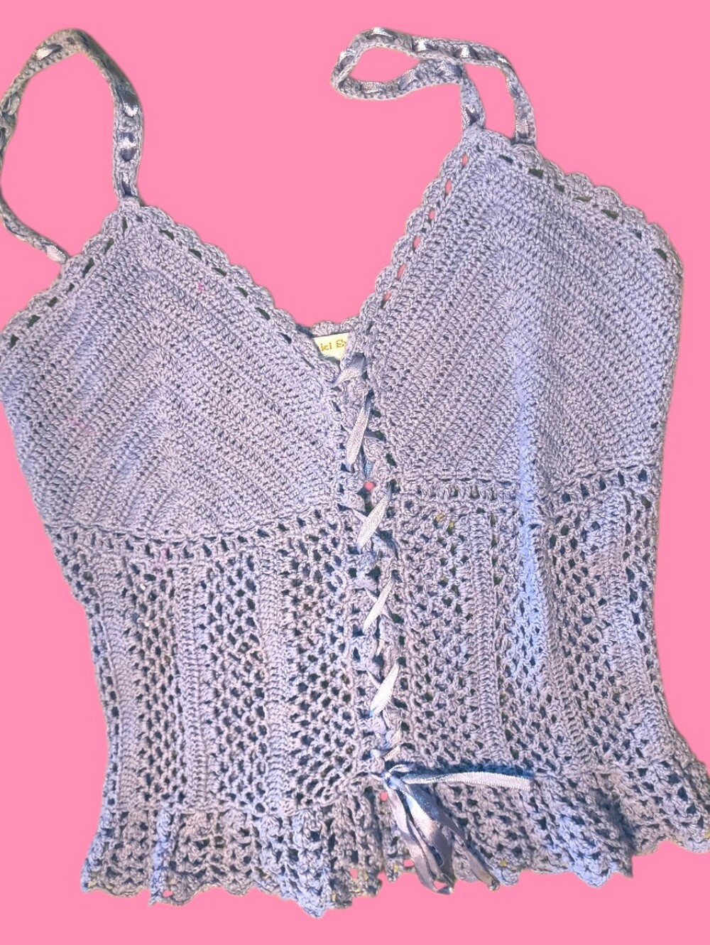 Light Blue Lavender Crochet Tie-Front Cami Top